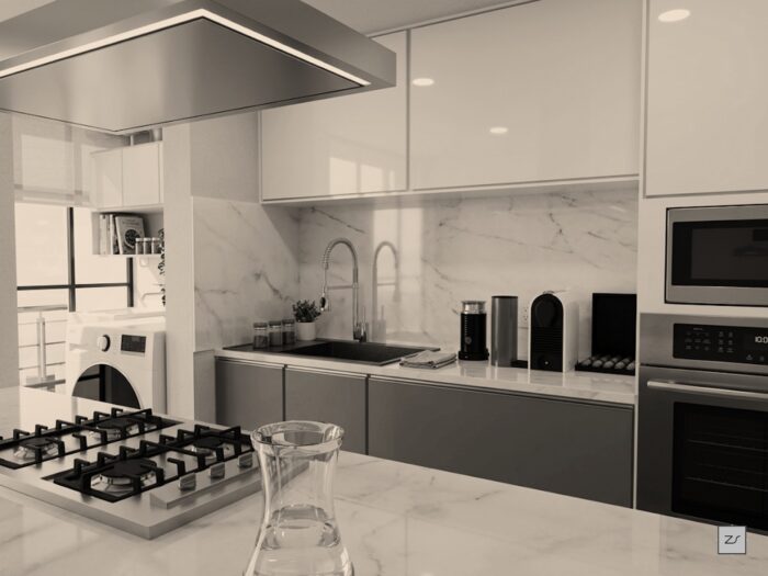 Proyecto de remodelación y ampliación de cocina en pequeño departamento by Arzsan Arquitectura [zs]
